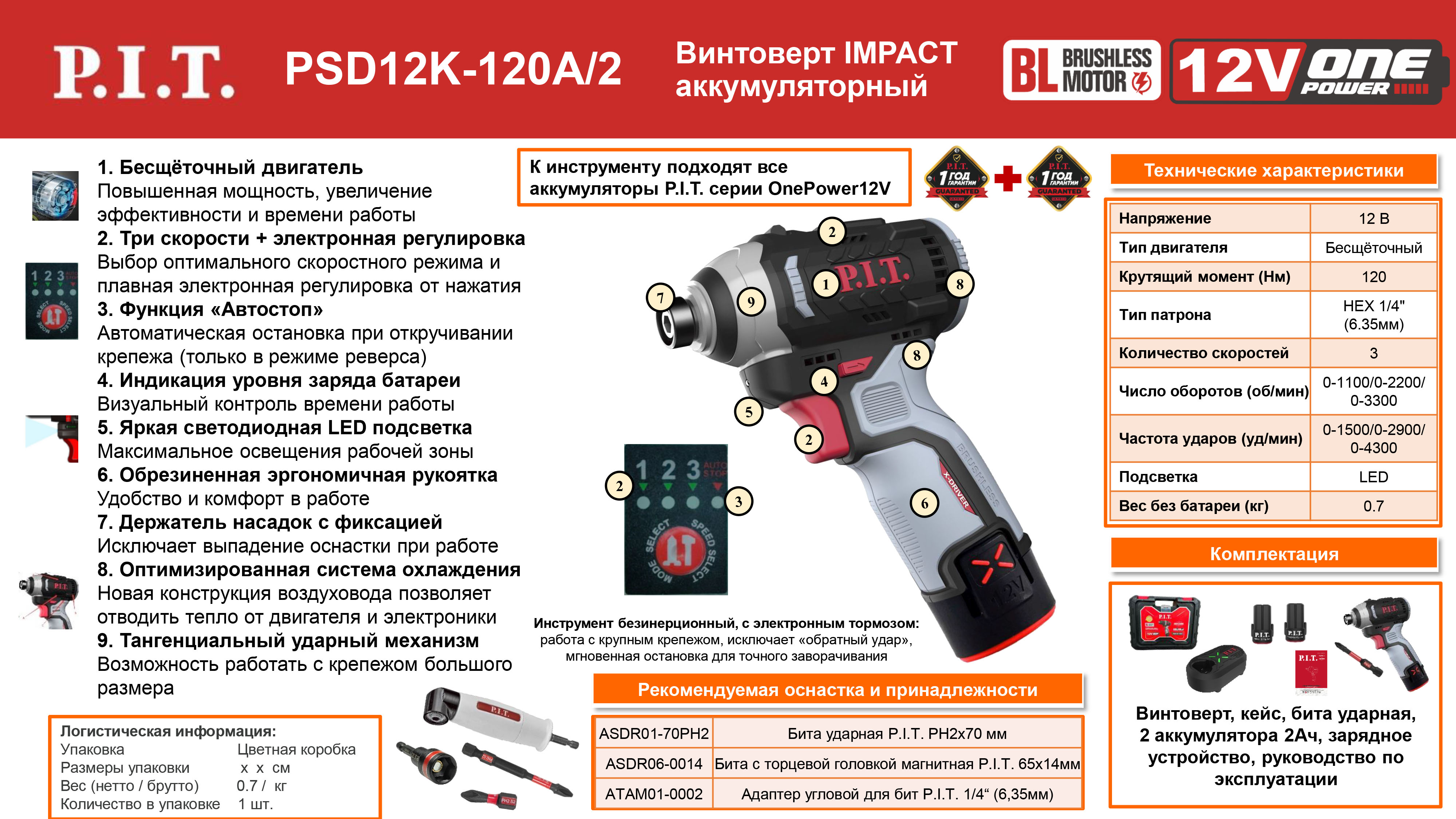 Винтоверт ударный аккумуляторный   PSD12K-120A/2 на системе OnePower PIT